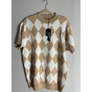 Paul Jones Argyle Knit Polo Shirt – Tan & White, Size Large, NWT